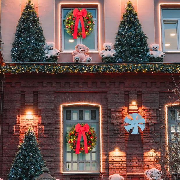 24In Pre-Lit Christmas Wreaths for Front Door Window, Artificial Evergreen Wreaths with Bow & Lights for Indoor Outdoor Christmas Decorations, Green