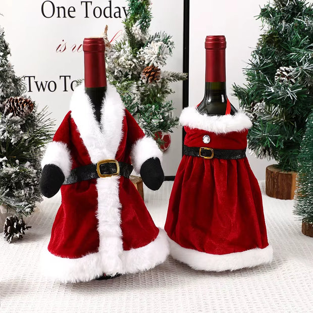 Festive Red Wine Bottle Cover Dress Christmas Skirt Wine Decoration Velvet Fabric Reusable Wine Gift Access Holiday Bottle Decor