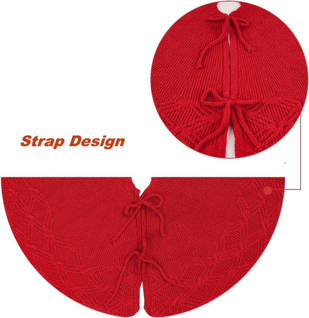 Knitted Christmas Tree Skirt, Red 24 Inches Thick Rustic Tree Skirt for Xmas Decoration