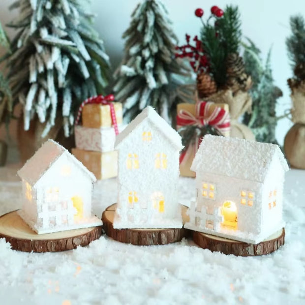 LED Lighted Christmas Village Houses Xmas Snow Houses Wooden Winter Village Building Figurines Holiday Party Decor