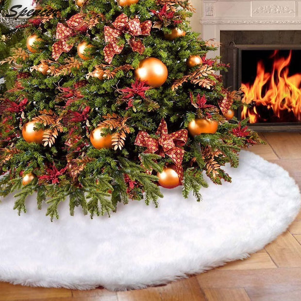 48" Diameter Christmas Tree Plush Skirts, White Faux Fur Trim Carpet Xmas Tree Skirts Mat Home Party Decorations Ornaments