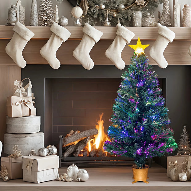 3Ft Pre-Lit Mini Fiber Optic Tabletop Artificial Christmas Tree，Small Xmas Trees with Stars Decorations-Gold