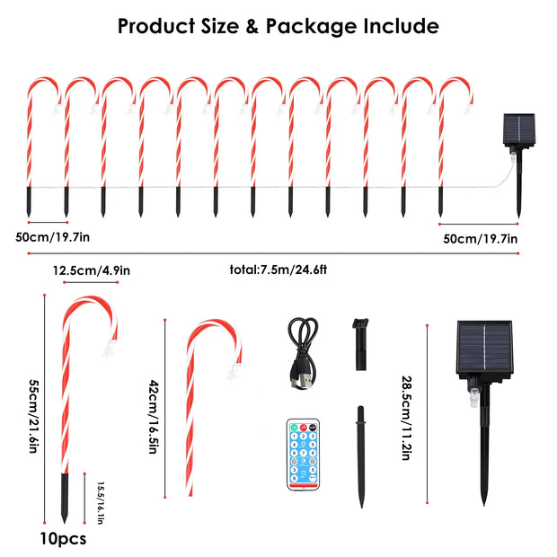 Set of 10 Solar Powered Christmas Candy Cane LED Pathway Lights with Remote Control