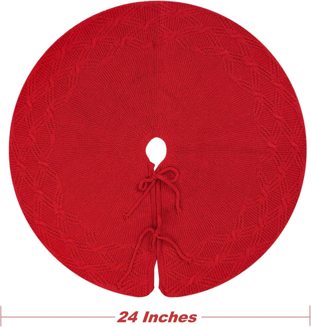 Knitted Christmas Tree Skirt, Red 24 Inches Thick Rustic Tree Skirt for Xmas Decoration
