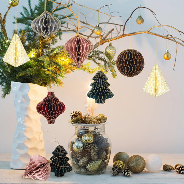 48 Pieces Christmas Paper Honeycomb Ornaments with Glitter Edge Brown Hanging Pa