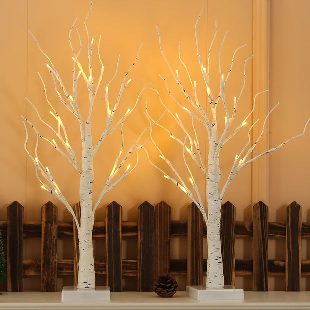 Birch Tree with Lights, 2 Pack 2FT Tree Indoor, 24 Pcs LED Warm White Lights, Christmas Home Wedding Decor Tabletop Tree Decoration