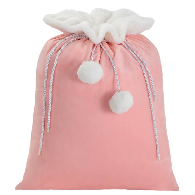 Plush Christmas Santa Sack Cord Drawstring with Pom Pom for Kids Luxury Xmas Gift Bag Merry Christmas