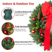 24In Pre-Lit Christmas Wreaths for Front Door Window, Artificial Evergreen Wreaths with Bow & Lights for Indoor Outdoor Christmas Decorations, Green