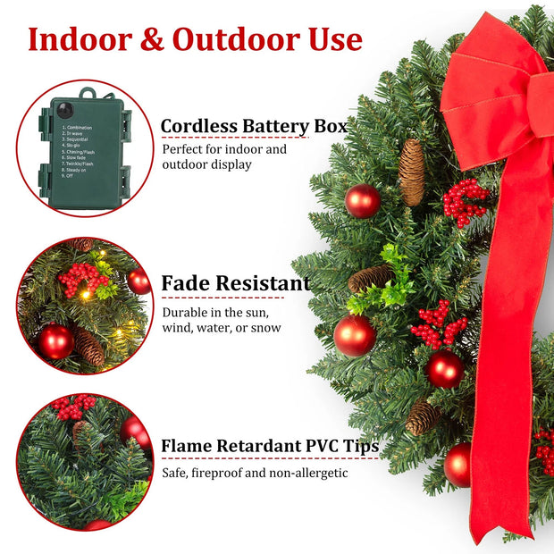 24In Pre-Lit Christmas Wreaths for Front Door Window, Artificial Evergreen Wreaths with Bow & Lights for Indoor Outdoor Christmas Decorations, Green