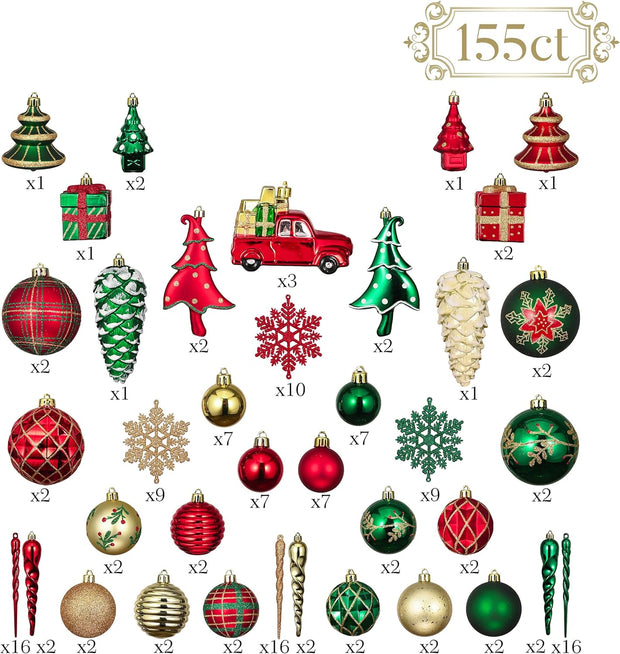 Christmas Tree Ornaments Set, 155Ct Red Green and Gold Shatterproof Christmas Tr