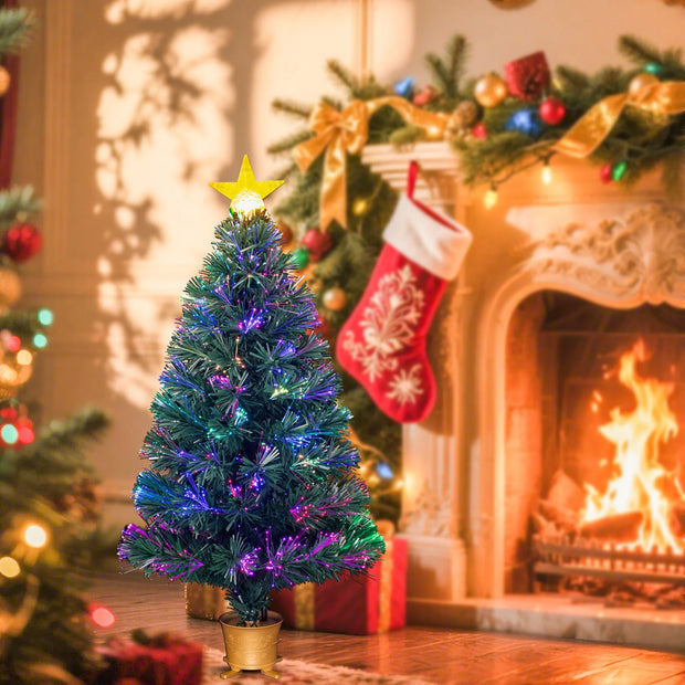 3Ft Pre-Lit Mini Fiber Optic Tabletop Artificial Christmas Tree，Small Xmas Trees with Stars Decorations-Gold