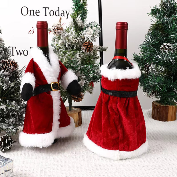 Festive Red Wine Bottle Cover Dress Christmas Skirt Wine Decoration Velvet Fabric Reusable Wine Gift Access Holiday Bottle Decor