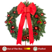 24In Pre-Lit Christmas Wreaths for Front Door Window, Artificial Evergreen Wreaths with Bow & Lights for Indoor Outdoor Christmas Decorations, Green