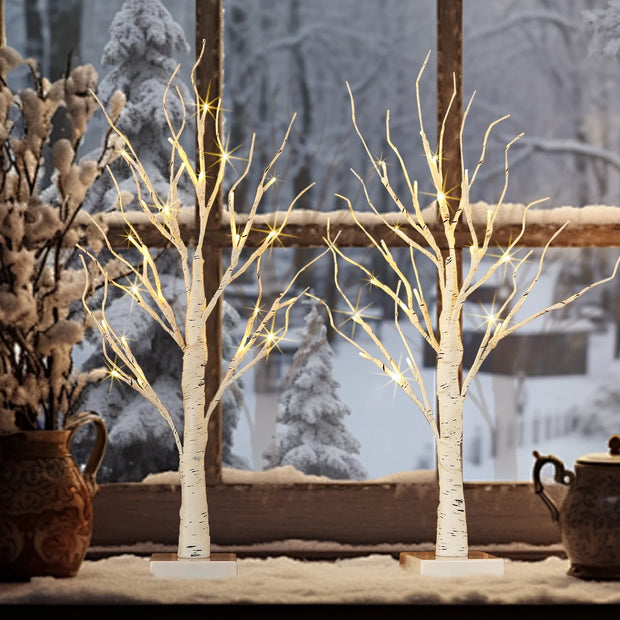 Birch Tree with Lights, 2 Pack 2FT Tree Indoor, 24 Pcs LED Warm White Lights, Christmas Home Wedding Decor Tabletop Tree Decoration