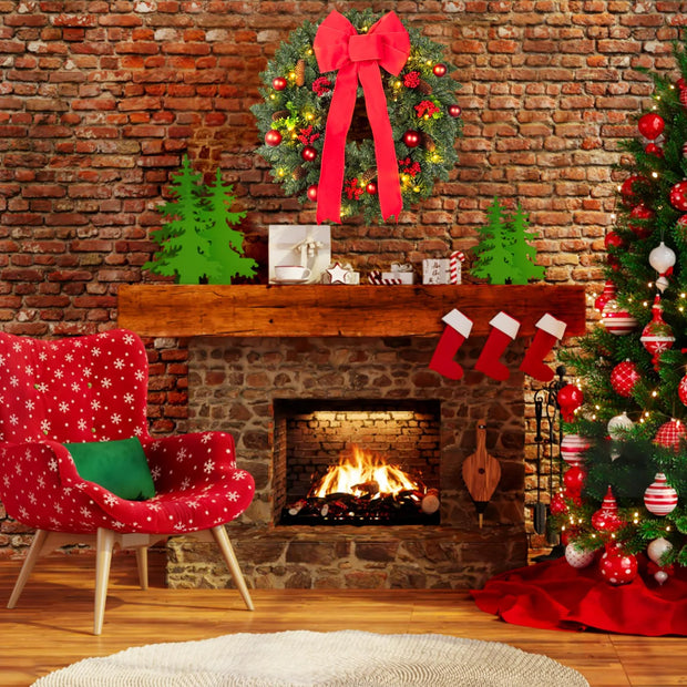 24In Pre-Lit Christmas Wreaths for Front Door Window, Artificial Evergreen Wreaths with Bow & Lights for Indoor Outdoor Christmas Decorations, Green