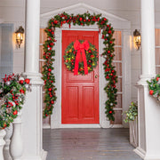 24In Pre-Lit Christmas Wreaths for Front Door Window, Artificial Evergreen Wreaths with Bow & Lights for Indoor Outdoor Christmas Decorations, Green