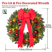 24In Pre-Lit Christmas Wreaths for Front Door Window, Artificial Evergreen Wreaths with Bow & Lights for Indoor Outdoor Christmas Decorations, Green
