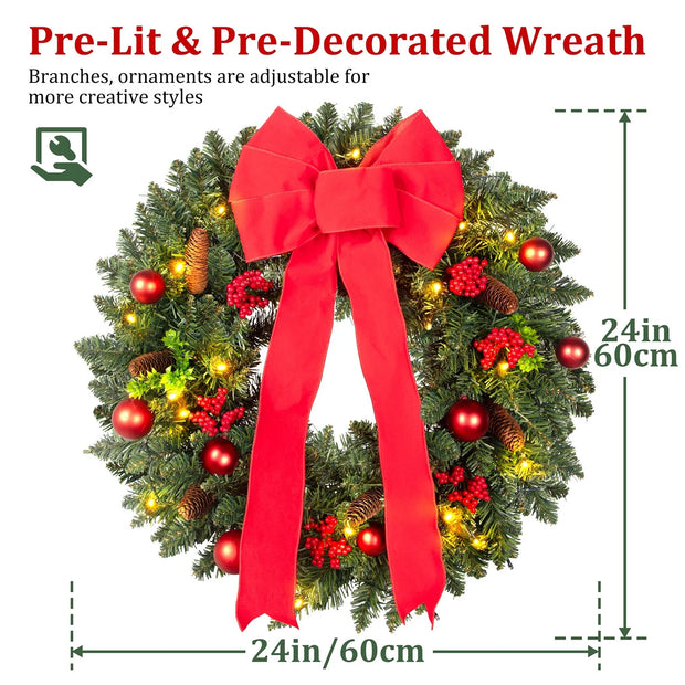 24In Pre-Lit Christmas Wreaths for Front Door Window, Artificial Evergreen Wreaths with Bow & Lights for Indoor Outdoor Christmas Decorations, Green