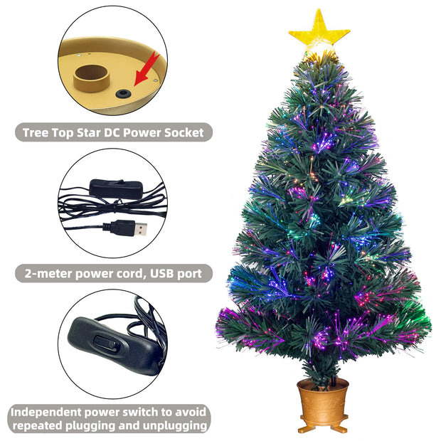 3Ft Pre-Lit Mini Fiber Optic Tabletop Artificial Christmas Tree，Small Xmas Trees with Stars Decorations-Gold