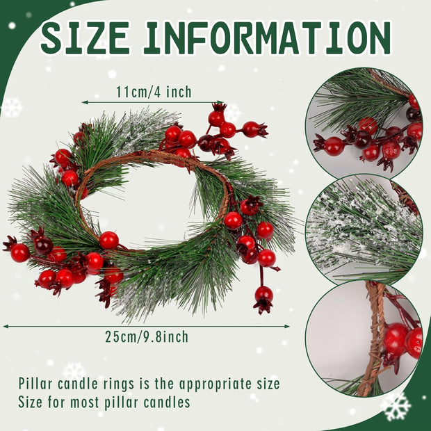 Christmas Candle Rings Wreath - 4.3" 4 PCS, Christmas Table Centerpieces, Red Artificial Berry Candle Rings, Candle Holder Table Decorations, Small Pine Garlands for Home Holiday Wedding Decor