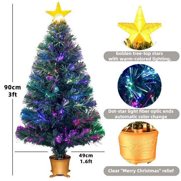3Ft Pre-Lit Mini Fiber Optic Tabletop Artificial Christmas Tree，Small Xmas Trees with Stars Decorations-Gold