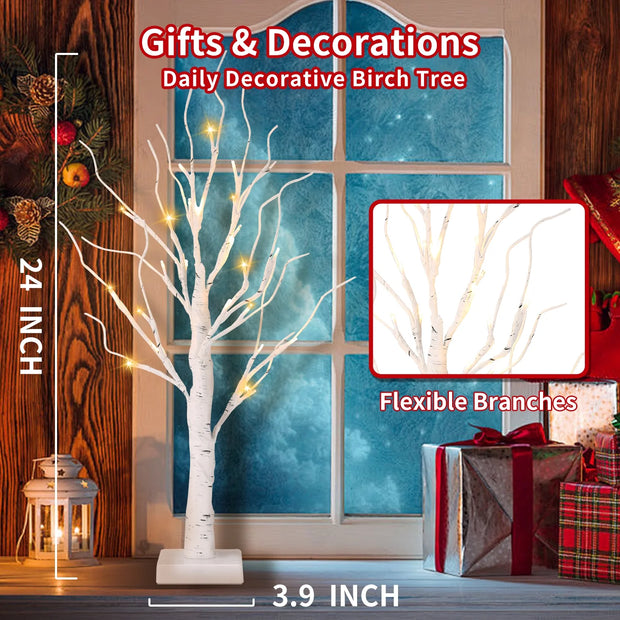 Birch Tree with Lights, 2 Pack 2FT Tree Indoor, 24 Pcs LED Warm White Lights, Christmas Home Wedding Decor Tabletop Tree Decoration