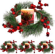 Christmas Candle Rings Wreath - 4.3" 4 PCS, Christmas Table Centerpieces, Red Artificial Berry Candle Rings, Candle Holder Table Decorations, Small Pine Garlands for Home Holiday Wedding Decor