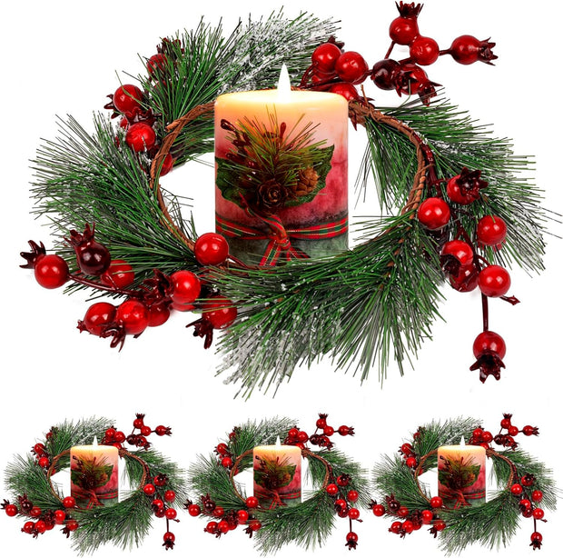 Christmas Candle Rings Wreath - 4.3" 4 PCS, Christmas Table Centerpieces, Red Artificial Berry Candle Rings, Candle Holder Table Decorations, Small Pine Garlands for Home Holiday Wedding Decor