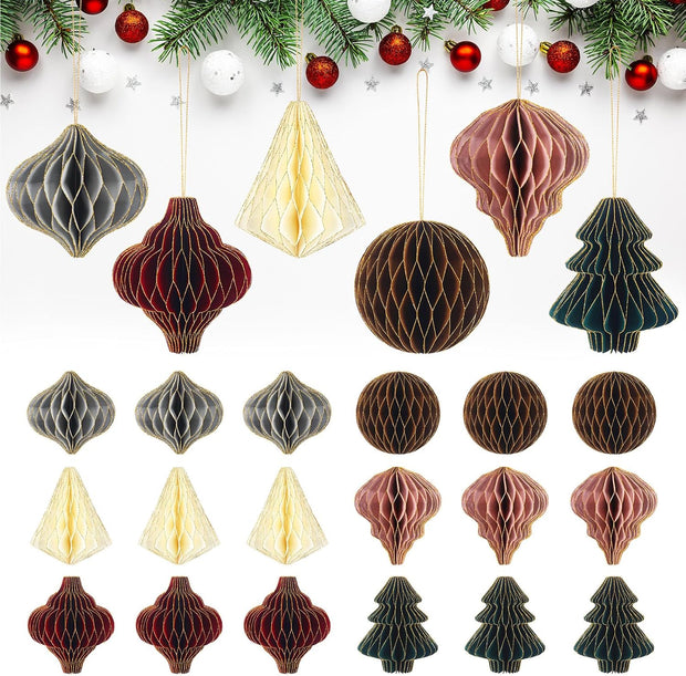 48 Pieces Christmas Paper Honeycomb Ornaments with Glitter Edge Brown Hanging Pa
