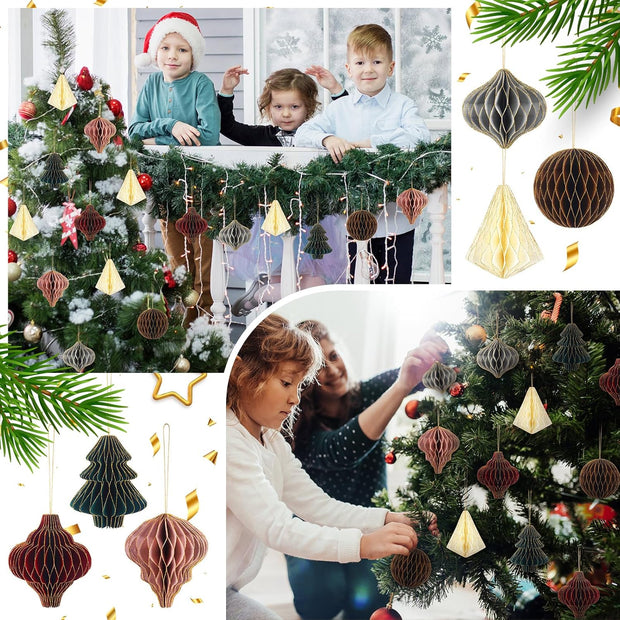 48 Pieces Christmas Paper Honeycomb Ornaments with Glitter Edge Brown Hanging Pa