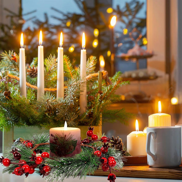 Christmas Candle Rings Wreath - 4.3" 4 PCS, Christmas Table Centerpieces, Red Artificial Berry Candle Rings, Candle Holder Table Decorations, Small Pine Garlands for Home Holiday Wedding Decor