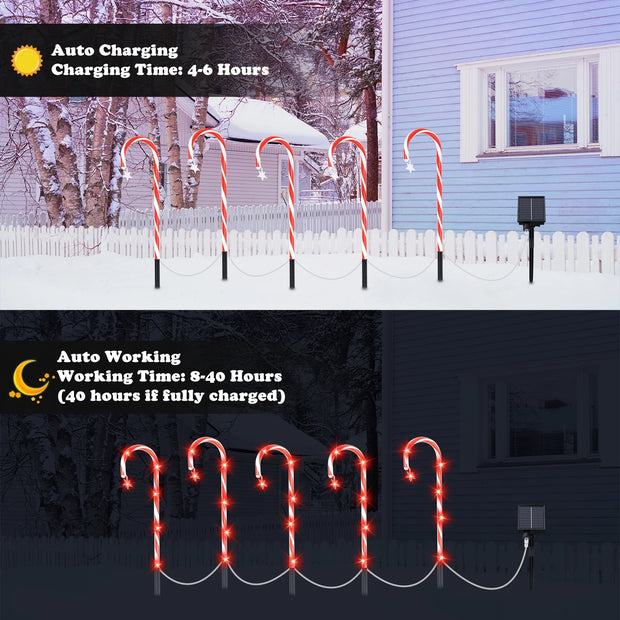 Set of 10 Solar Powered Christmas Candy Cane LED Pathway Lights with Remote Control