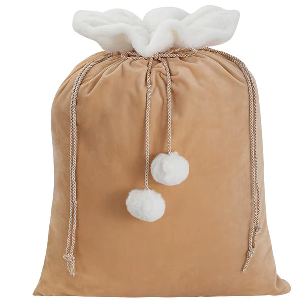 Plush Christmas Santa Sack Cord Drawstring with Pom Pom for Kids Luxury Xmas Gift Bag Merry Christmas