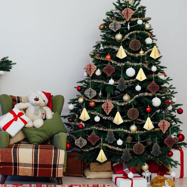 48 Pieces Christmas Paper Honeycomb Ornaments with Glitter Edge Brown Hanging Pa