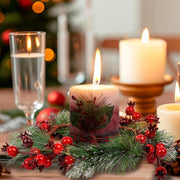 Christmas Candle Rings Wreath - 4.3" 4 PCS, Christmas Table Centerpieces, Red Artificial Berry Candle Rings, Candle Holder Table Decorations, Small Pine Garlands for Home Holiday Wedding Decor