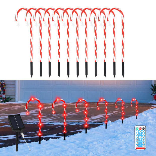 Set of 10 Solar Powered Christmas Candy Cane LED Pathway Lights with Remote Control