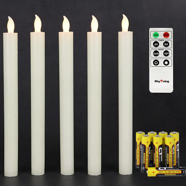 10" Ivory Flameless Taper Candles with Timer, Battery Operated Dinner Candlesticks, Push-Activated, Textured Wax Finish, Warm White Light, Remote & 10 Batteries Included - Set of 5