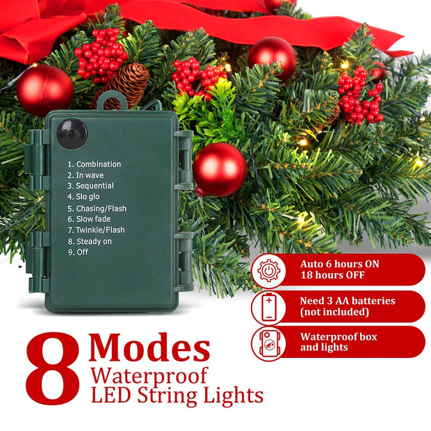 24In Pre-Lit Christmas Wreaths for Front Door Window, Artificial Evergreen Wreaths with Bow & Lights for Indoor Outdoor Christmas Decorations, Green