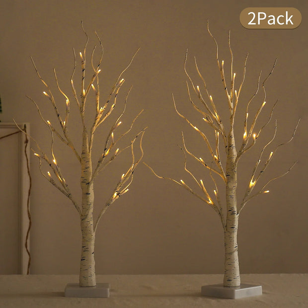 Birch Tree with Lights, 2 Pack 2FT Tree Indoor, 24 Pcs LED Warm White Lights, Christmas Home Wedding Decor Tabletop Tree Decoration