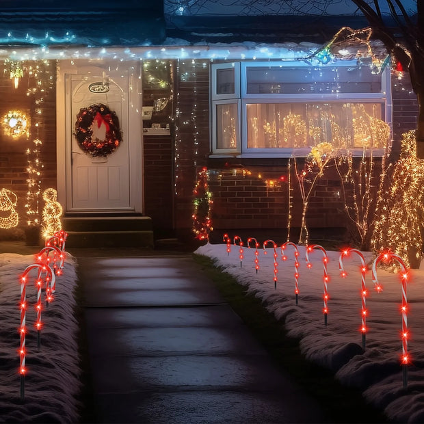 Set of 10 Solar Powered Christmas Candy Cane LED Pathway Lights with Remote Control