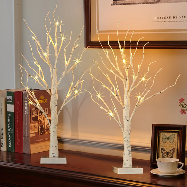 Birch Tree with Lights, 2 Pack 2FT Tree Indoor, 24 Pcs LED Warm White Lights, Christmas Home Wedding Decor Tabletop Tree Decoration